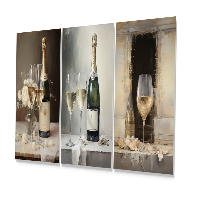 Legacys Lure Champagne And Glass - Champagne Metal Wall Art Prints Set Of 3, 32" H x 48" W