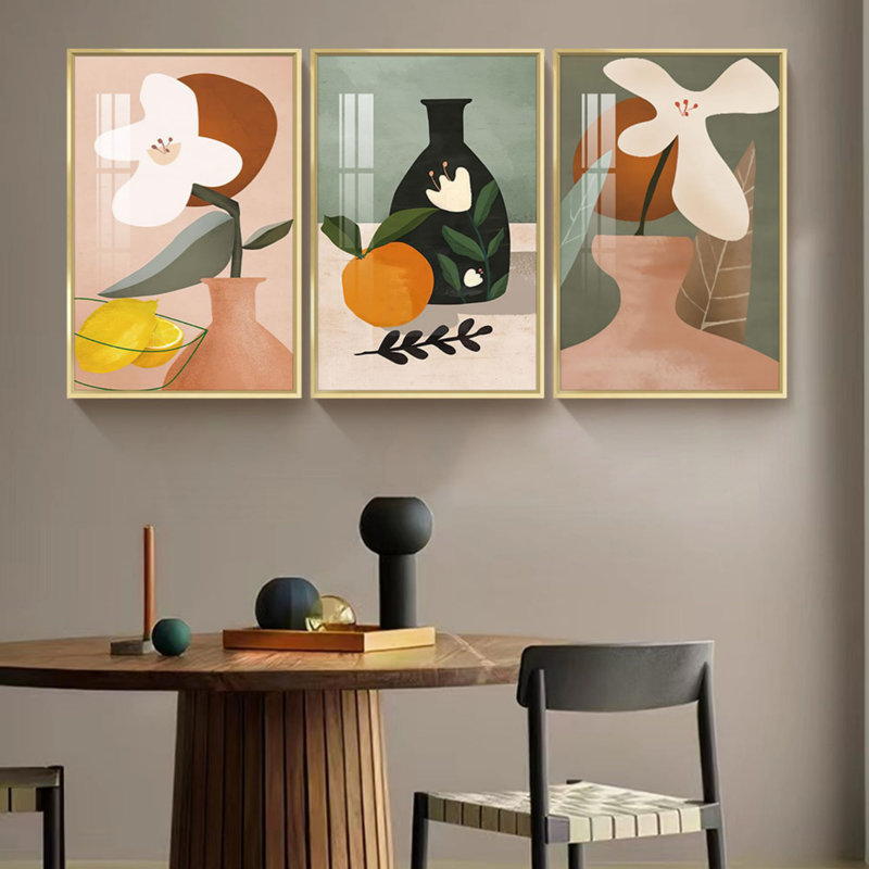 Fruit and Flower - Ensemble de 3 peintures sur toiles encadrées, H 17 po x l 37 po x P 4 po, Encadrement doré