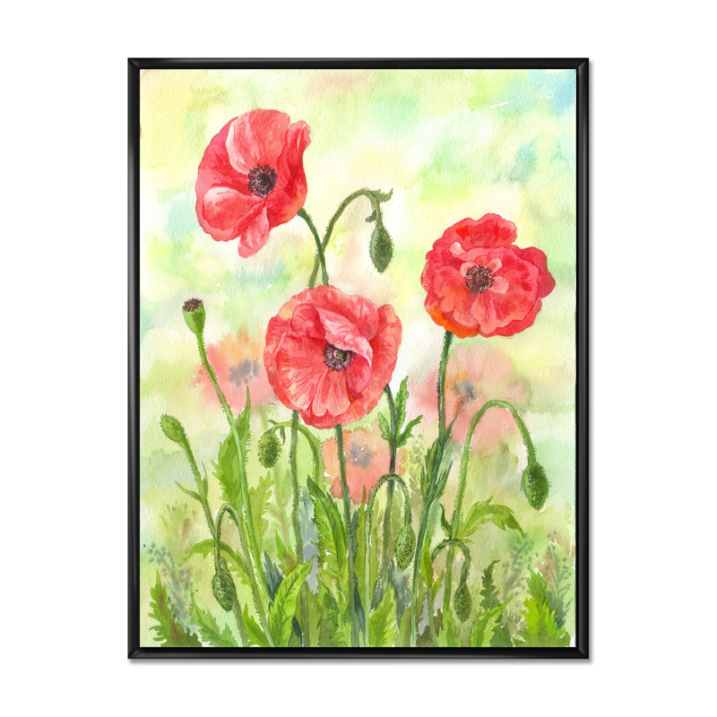 Floraison des coquelicots rouges - activé, H 20 po x l 12 po x P 1 po, Cadre flottant noir