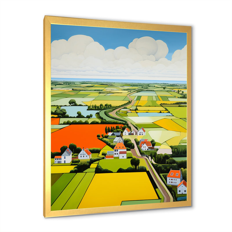 Paysage de ferme sur toile, "De Stijl", Cadre doré simple, H 40 po x l 30 po x P 1,5 po