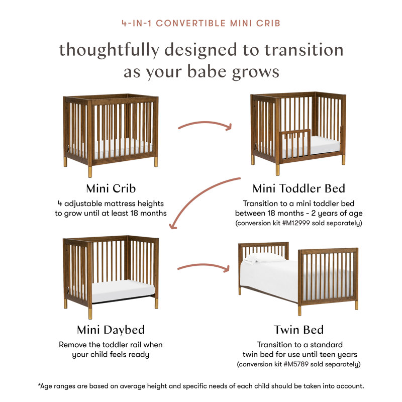 Gelato 4-in-1 Mini Convertible Crib, Natural Walnut/Gold
