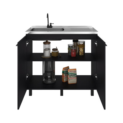 Utility Sink Complete With Faucet, Freestanding Base, And Interior Shelf, Black + Dark Walnut, For Garage Craft Spaces, 35.45 In High Modern Exchange Option Faucet Suitable Room,