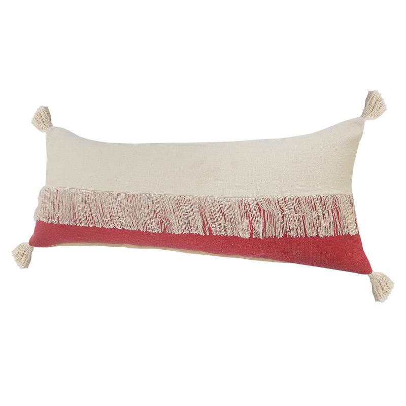 Housse de coussin décoratif contemporaine 100% coton à franges Color Block, Framboise / blanc cassé