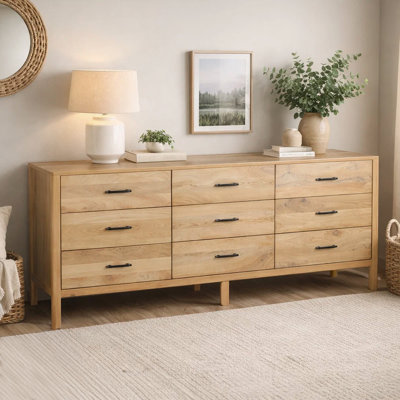 Marites 84 Inch Wide Dresser, 9 Spacious Drawers, Handcrafted Natural Oak White Mango Wood