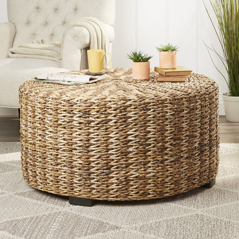 34.25" W Round Handwoven Abaca Drum Coffee Table, Brown