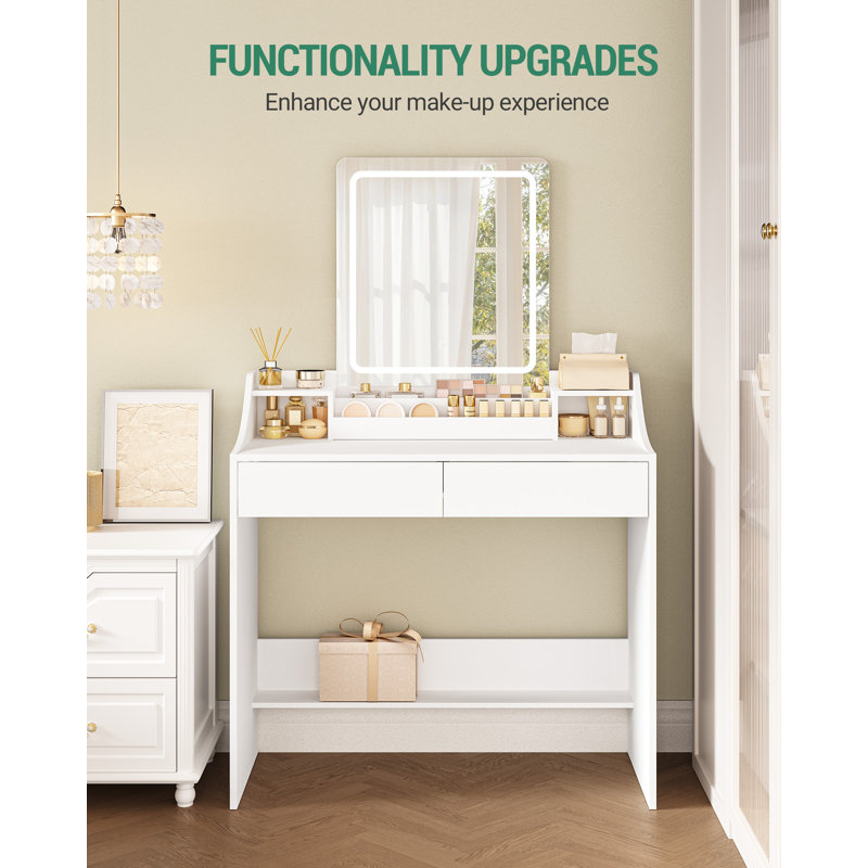 Dressing Table with LED Lights, Adjustable Brightness and Color, Vanity Table with Mirror, Vanity Desk with 2 Drawers and 2 Open Compartments, Modern, 90 cm Desktop, White 