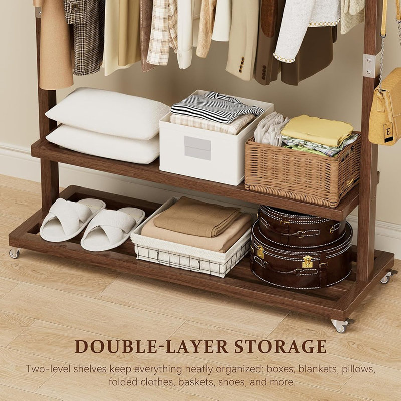 Portant à vêtements en bois massif - Bois naturel - Portant à vêtements autoportant 3-en-1 avec tringle extra-longue, deux tablettes et une capacité de 220 lb