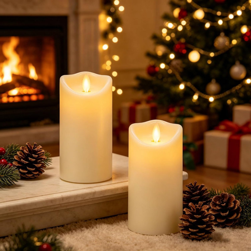 Outdoor LED Candle Lights, Flickering LED Candles, Battery-Powered Candles with Remote Control and Timer Function, Ivory White Plastic, 7.5cm x 15cm, Set of 2