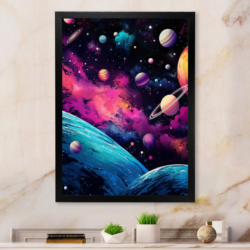 Galaxies de l'amour rose sur toile, Cadre simple noir, H 32 po x l 16 po x P 1 po