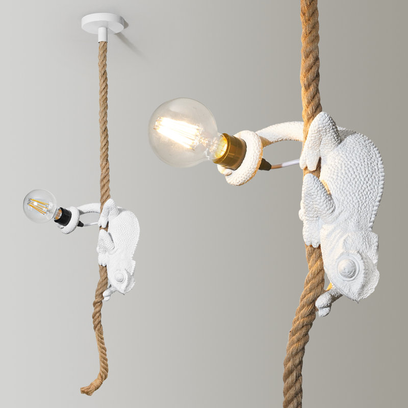 Luminaire suspendu lézard avec corde en jute et douille E26 câblée, Blanc