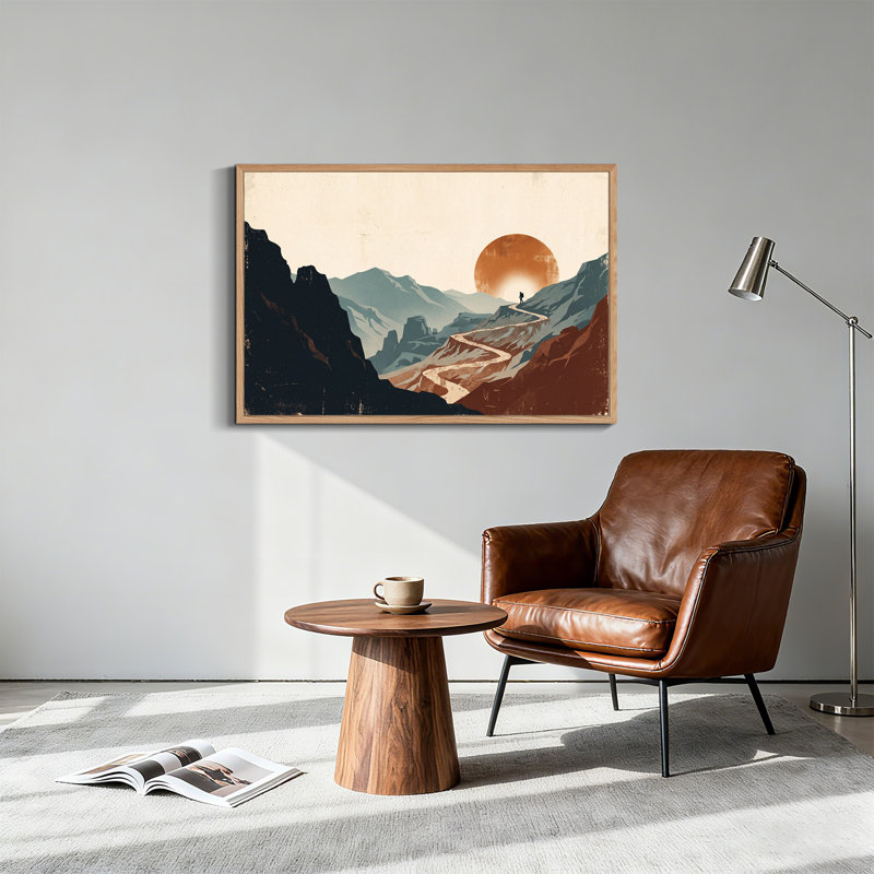 Silhouette, randonneur sur un chemin sinueux dans des montagnes rouillées et bleu sarcelle, art sur toile, H 18 po x l 24 po