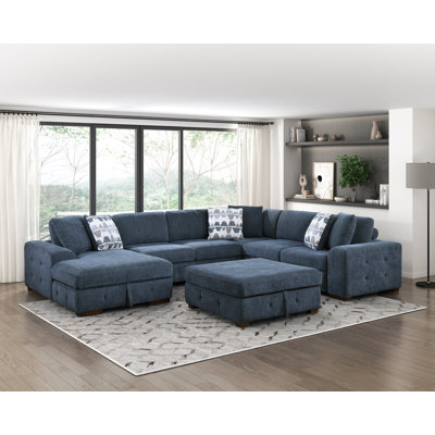 Modern Blue 5-Piece Sectional Sofa Right Chaise Storage Ottoman Pull out Bed Tufted Chenille Fabric Solid Wood Living Room Furniture