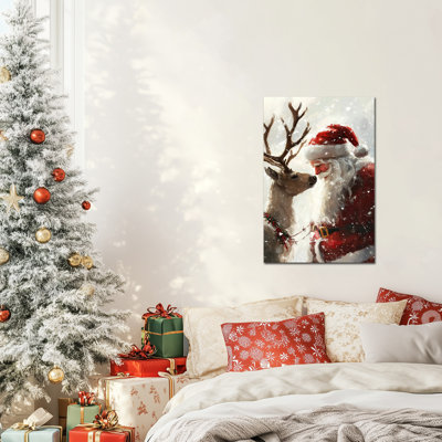 Santa Christmas Canvas Wall Art, Santa Claus and Reindeer Wall Paintings, Snowy Scene Elk Posters, S