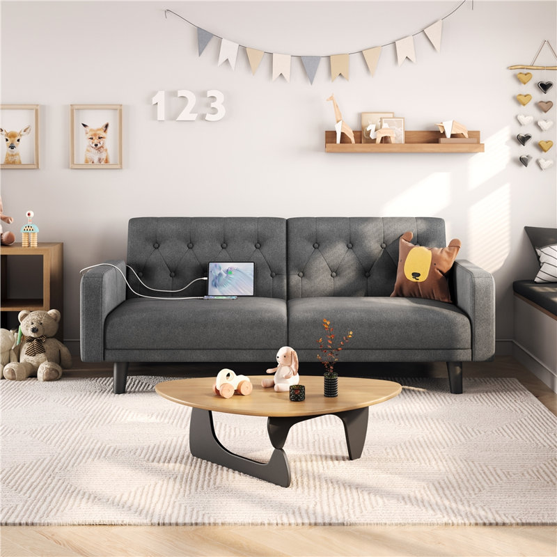 63“ Convertible Futon Sofa Bed Upholstered Square Arm Loveseat with USB Ports, Dark Gray, Dark Gray