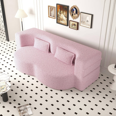 Convertible Full Size Sleeper Sofa Bed with 2 Pillows 15" Foam Mattress Teddy Fabric No Assembly Needed for Living Room Guest Room Playroom