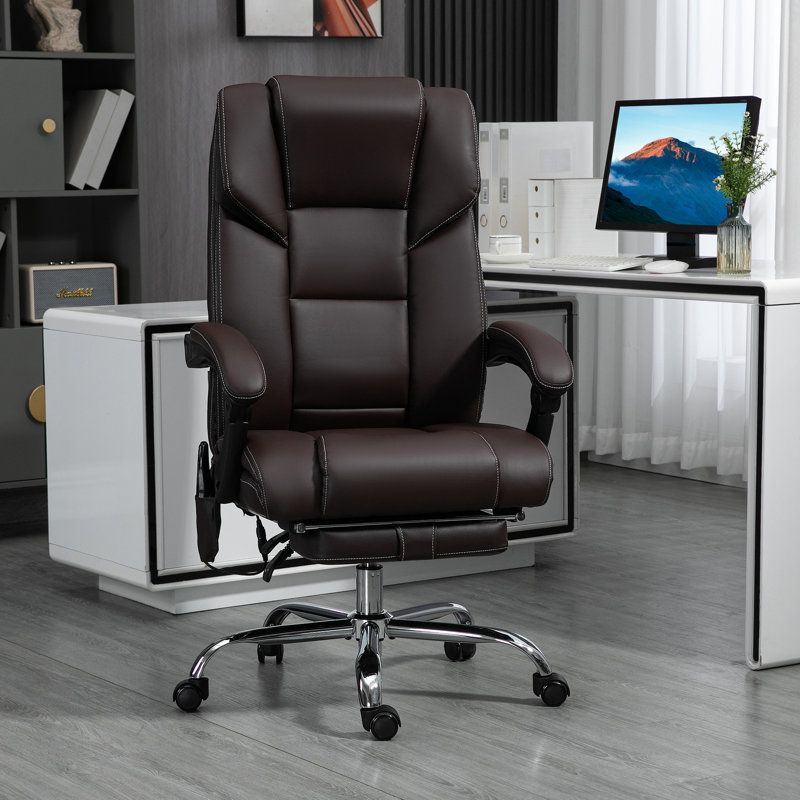 Fauteuil de massage avec 6 points de vibration et une chaleur lombaire, réglable, repose-pieds, inclinable, cadre de bureau en cuir PU brun, chauffé, réglable en hauteur,