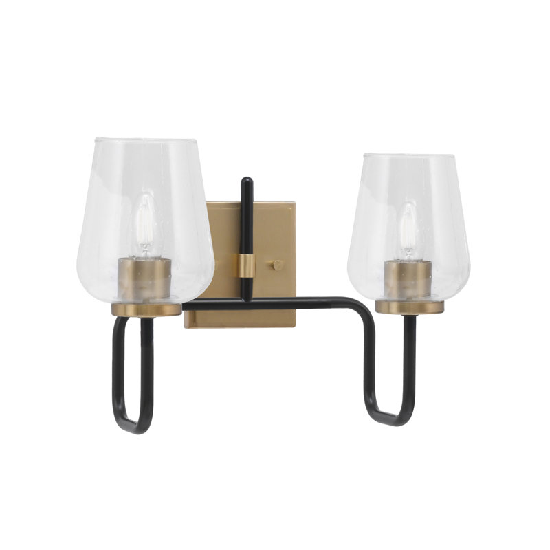 Barre d'éclairage de salle de bain 2 lumières Amarmula, noir mat et laiton vieilli, verre bullé transparent de 5 po