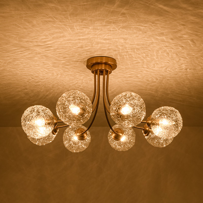 Plafonnier semi-encastré en verre Mid-Century 8 lumières, Doré