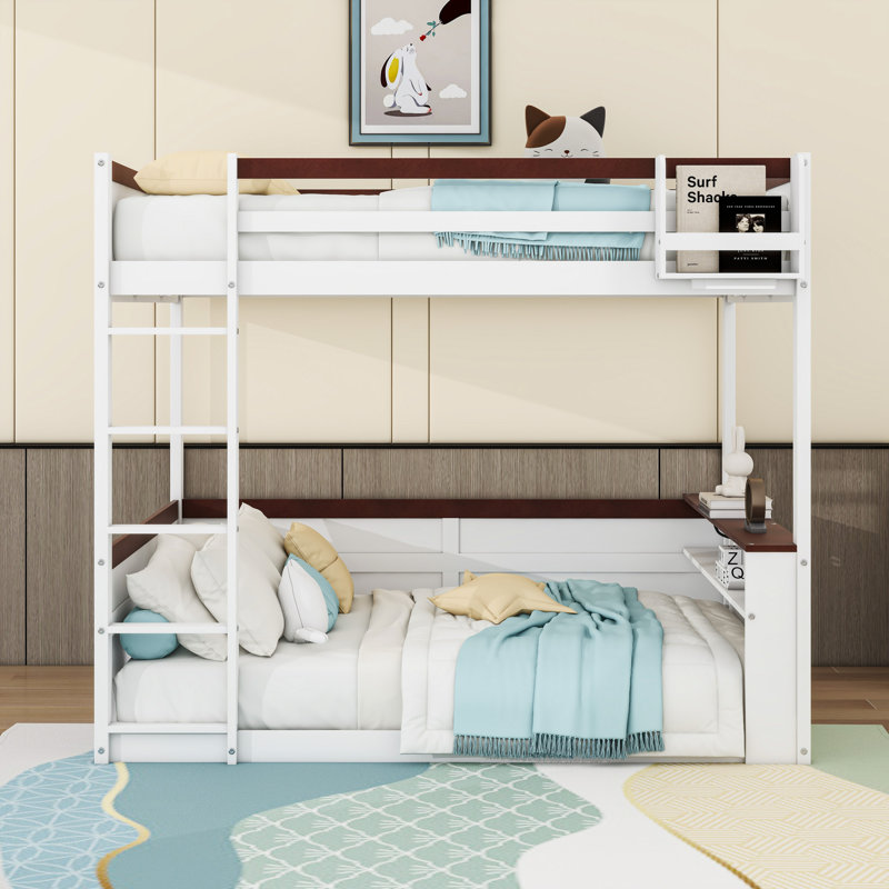 Queen Over Queen Wooden Bunk Bed With Built-In Shelves And LED Light, White