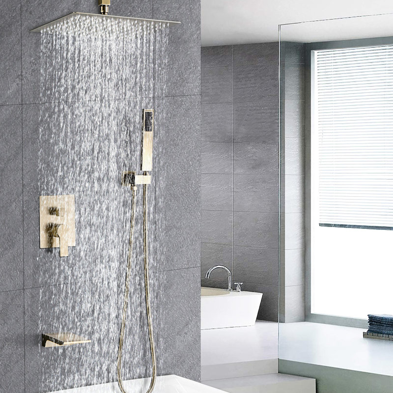 Douche en or brossé de 12 pouces avec bec cascade et système de brosse dorée à main avec baignoire et, Or brossé