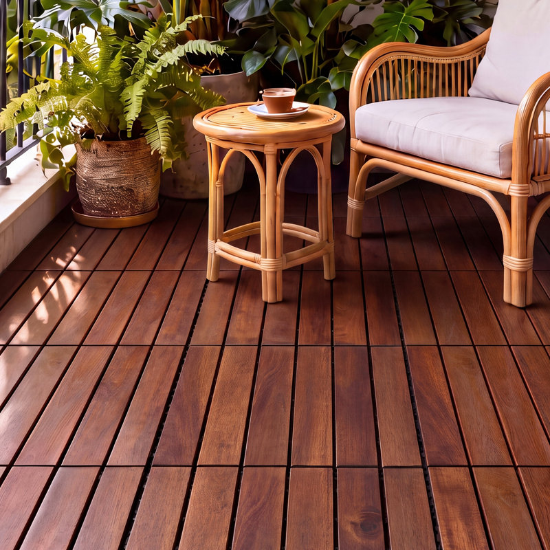 Carreaux de terrasse entrelacés à rayures, bois d'acacia gris clair carré 12 po x 12 po, Bois brun