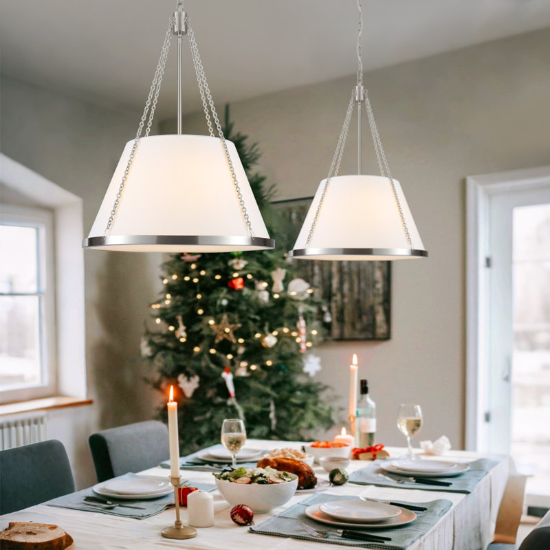 4-Light 18.9" Dimmable Fabric White Drum Shade Chandelier With Industrial Metal Frame For Kitchen Island Dining Room, Nickel