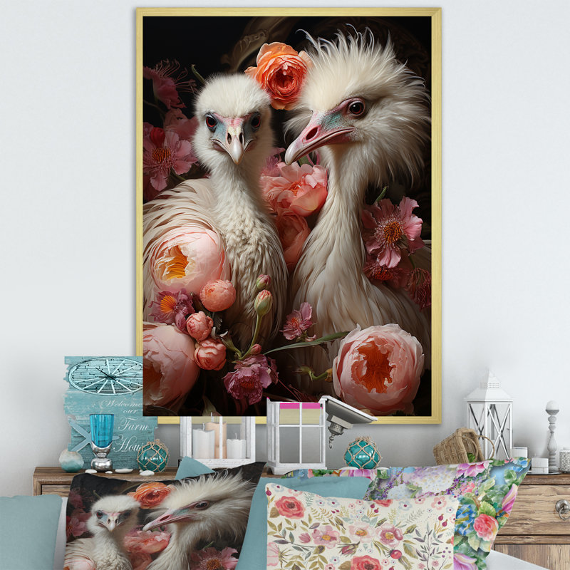 Autruches, rêverie délice II sur toile, Cadre doré simple, H 32 po x l 24 po x P 1 po