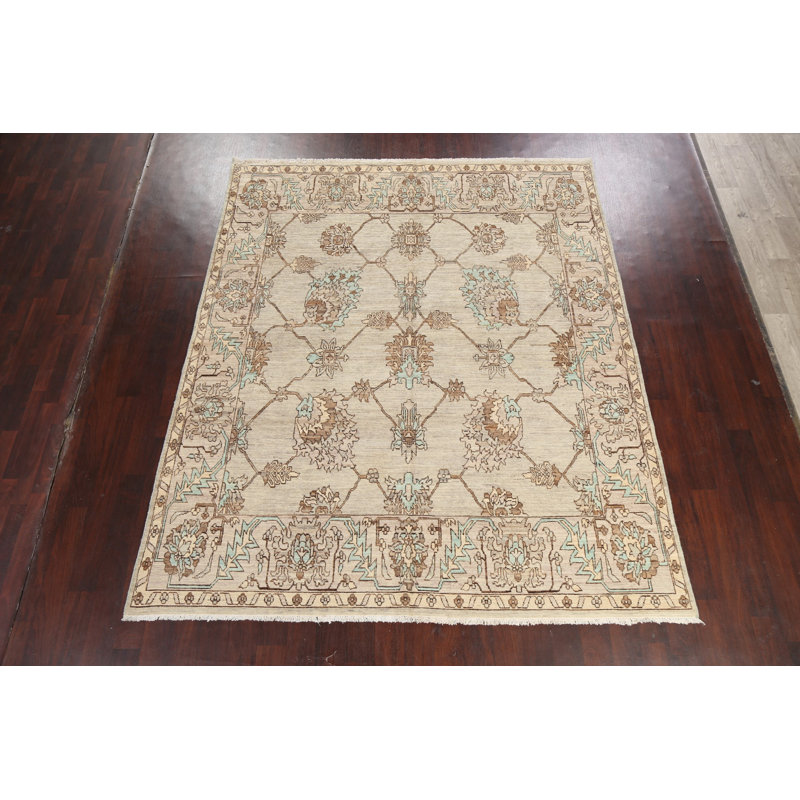 Tapis beige / ivoire / brun en laine noué à la main de conception unique 7 pi 11 po x 9 pi 4 po