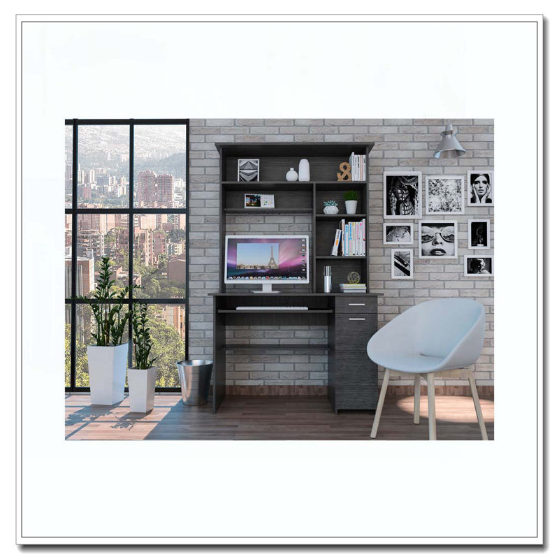Smokey Oak 2-Drawer 7-Shelf Computer Desk with Hutch, Gray