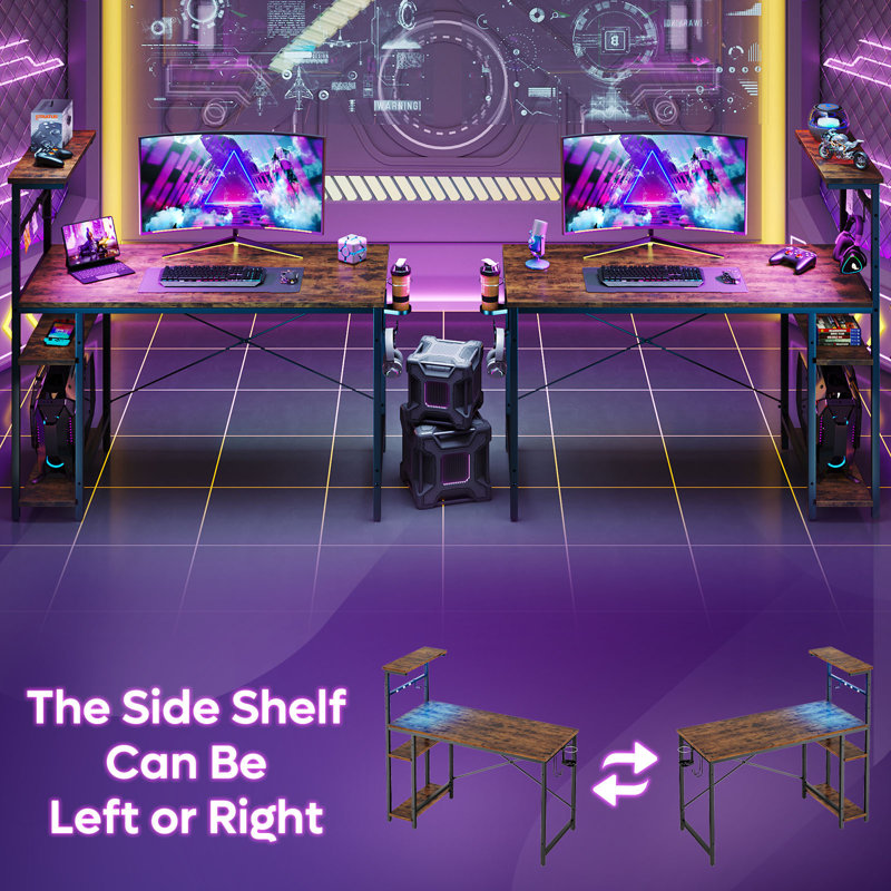 Nedyo Gaming Desk with RGB LED Light, Computer Desk with 4 Tier Reversible Storage Shelves, Hooks, Cup holder and Magnets