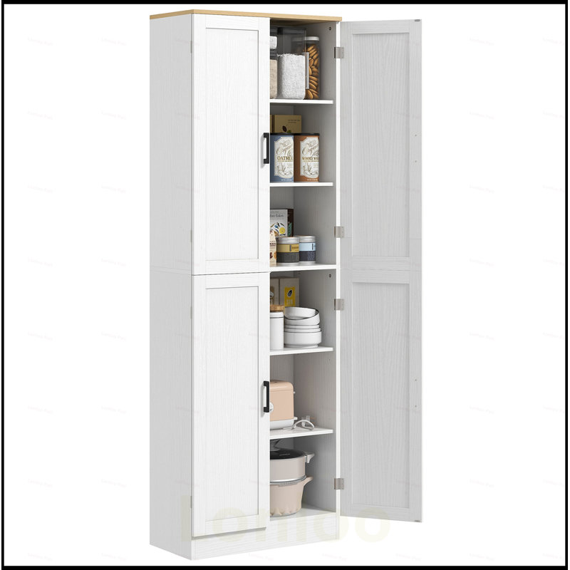 Freestanding 4-Door Kitchen Pantry with Adjustable Shelves, Distressed Finish for Extra Storage and Organization