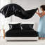 Drap de luxe divisé 7 pièces en satin 100% satin noir, texture douce et lisse, 1 plat, 2 ajustés, 4 taies d'oreiller froissées, doux,
