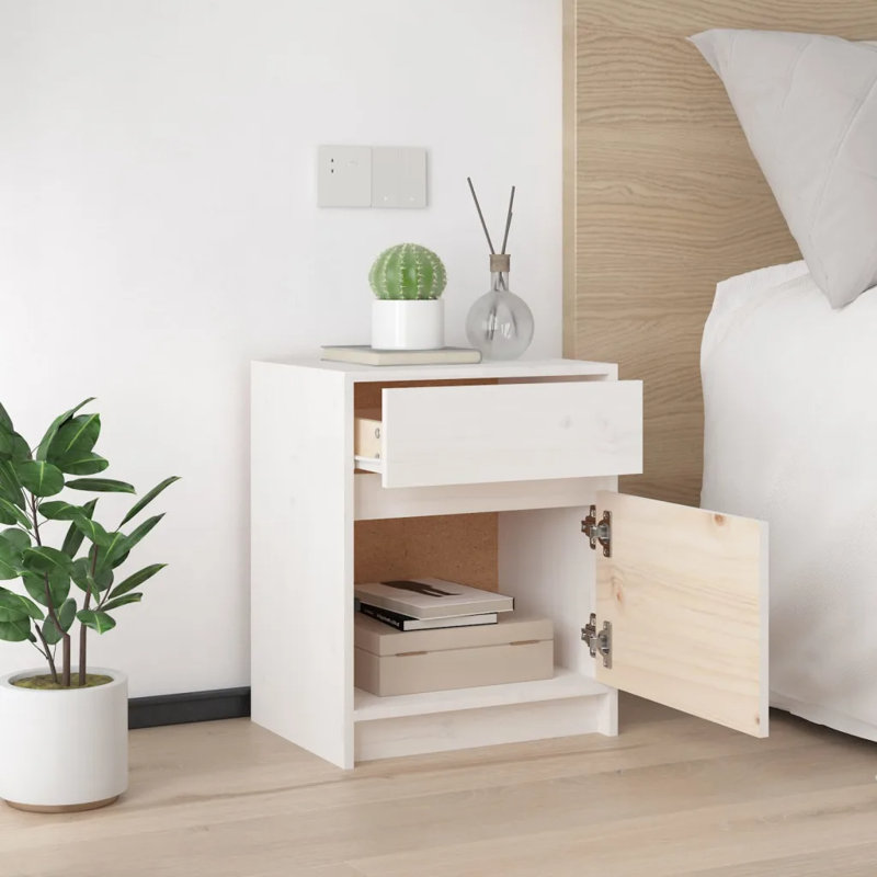 Godrich 40cm W Solid Wood Bedside Table, White, Individual