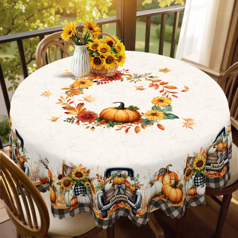 Autumn-Winter Tablecloth 180x180cm Round Seasonal Holiday Patterns Pumpkin Motifs Party Picnic Dinner Table Cover