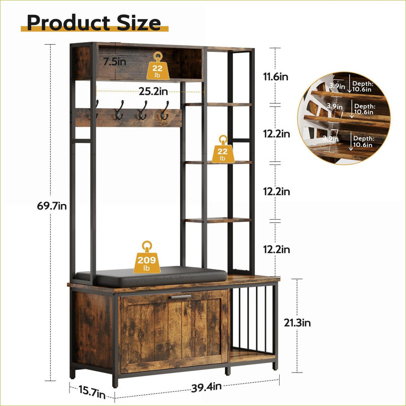 Portemanteau industriel FlowLuxe en noyer brun avec banc et rangement pour chaussures, Brun