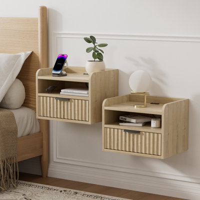 Fluted Floating Nightstand With Charging Station(Set Of 2)