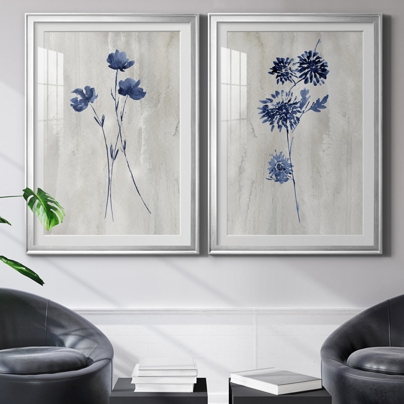 Indigo Botanical III - ensemble de 2 reproductions d'impressions, H 30,5 po x l 85 po x P 1,5 po, Papier avec cadre argenté