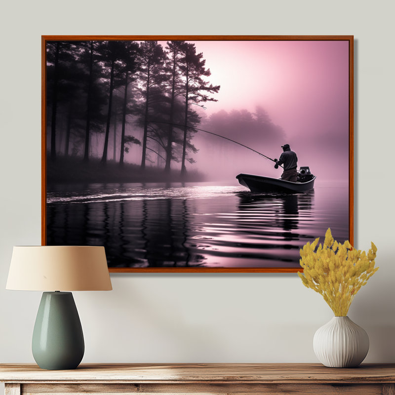 Fishing At The Lake I - Fishing Framed Canvas Print Hunting Wall Art, 12" H x 20" W x 1" D, Brown Floater Framed