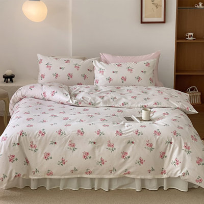 Bedding Set White Pink Green Flowers  Microfiber