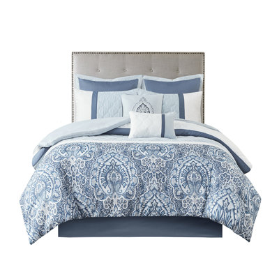 Édredon pour très grand lit 8 pièces, imprimé bleu, rembourrage, 2 coussins décoratifs, imprimé 8 plis avec détails, taies décoratives, rembourrage