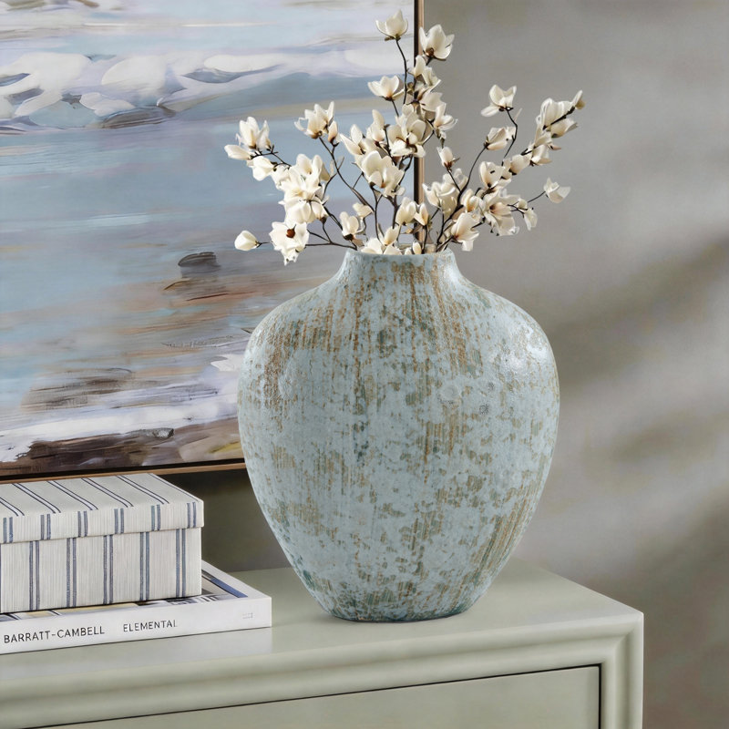 Vase de 15,35 po en grès cuit et en céramique bleu poussiéreux, glaçure réactive verticale rayée réversible, vase de table artisanal pour ferme rustique et décor bord de mer