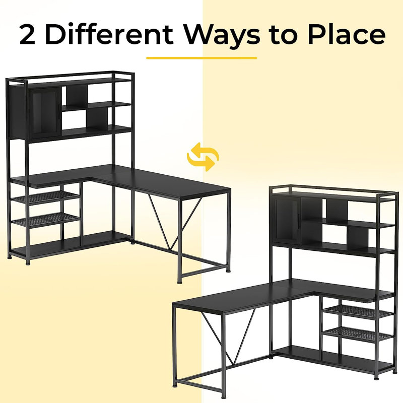 Rustic Brown and Black L-Shaped Computer Desk with Shelves and LED Lighting