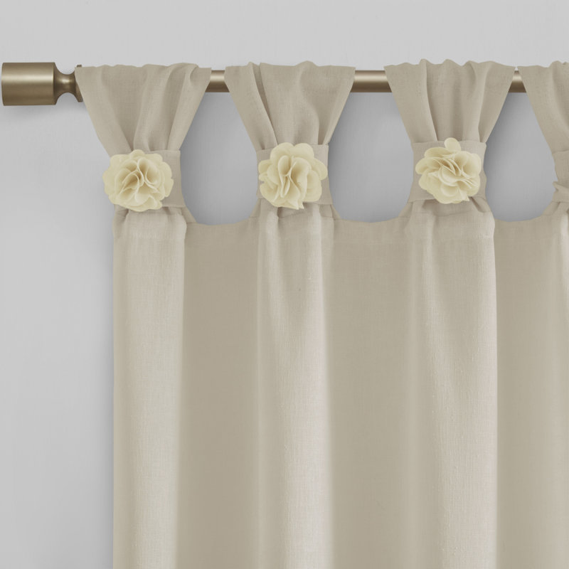 Linen Tab Top Sheer Curtain Panel with Floral Embellishments