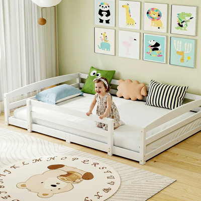 Wooden Montessori Kids Floor Bed, Twin/Full Size Frame with Safety Guardrails, Dual Side Entry Low Toddler Bed, White, Full