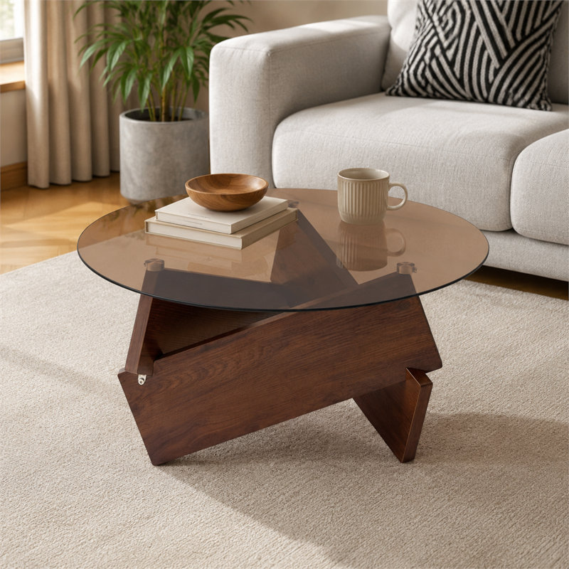 Petite table basse brune ronde en verre trempé avec base en chêne massif