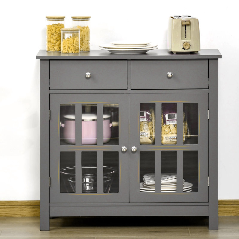 Audel Kitchen Cabinet with 2 Drawers and Glass Doors,Dining cabinet,Office credenza , Gray