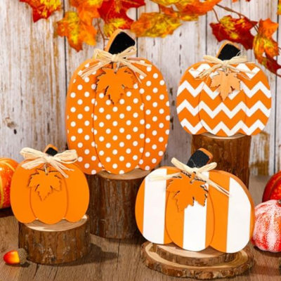 4 Pcs Thanksgiving Wooden Pumpkin Decor 3D Pumpkin Tabletop Signs Farmhouse Thanksgiving Fall Standing Table Centerpieces Rustic Tiered Tray Decor For Home Kitchen Party(Orange And White)