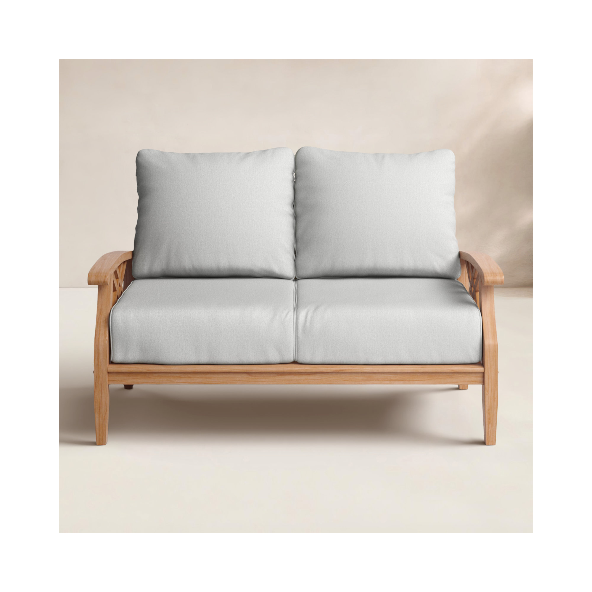 Cotesfield 54.25'' Wide Teak Loveseat with Cushions, Tan Performance Basketweave