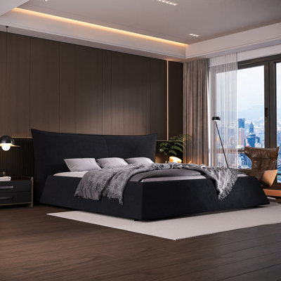 King Size Upholstered Platform Bed With Special Shaped Velvet  Headboard, Metal & Solid Wood Frame,Black