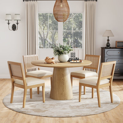 Ensemble de salle à manger à piédestal rond 5 pièces, table en bois avec 4 chaises en rotin, sièges rembourrés en lin et coton et patins de protection, mobilier de cuisine et de salle à manger moderne